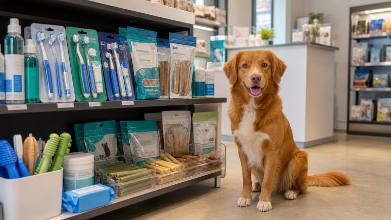 Dog beside a modern pet oral care retail display with toothbrush kits, dental chews, wipes, and water additives