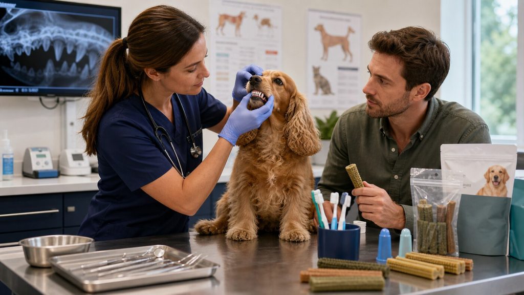 Veterinarian checking a dog's teeth while oral care samples are reviewed in a clean clinic setting