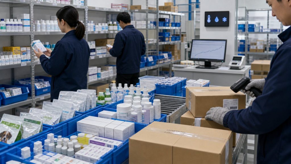 Pet pharmacy distribution warehouse with barcode scanning, batch traceability, controlled shelves, sealed health products, supplements, care products, and cartons