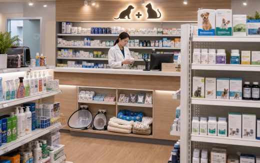Modern pet pharmacy retail channel with organized pet health shelves, professional counter, supplements, skin care, ear care, recovery products, and veterinary OTC-style products