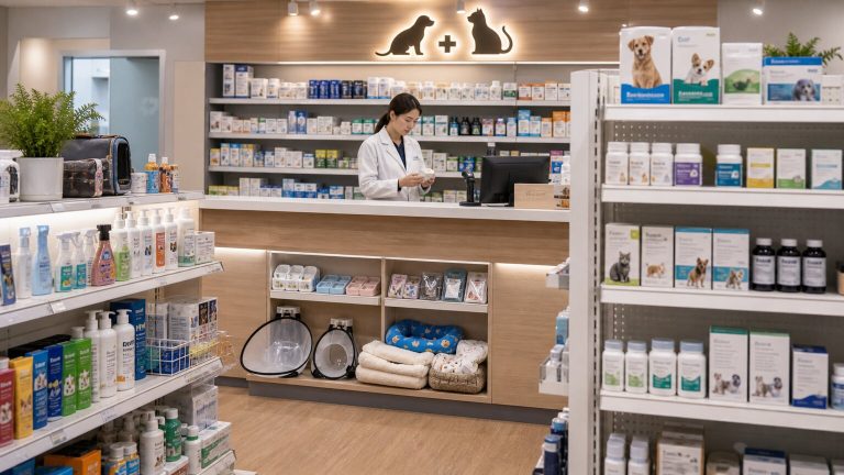 Modern pet pharmacy retail channel with organized pet health shelves, professional counter, supplements, skin care, ear care, recovery products, and veterinary OTC-style products