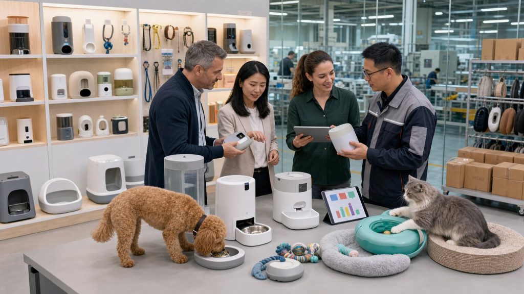 Pet product innovation review in a supplier showroom and pilot production area