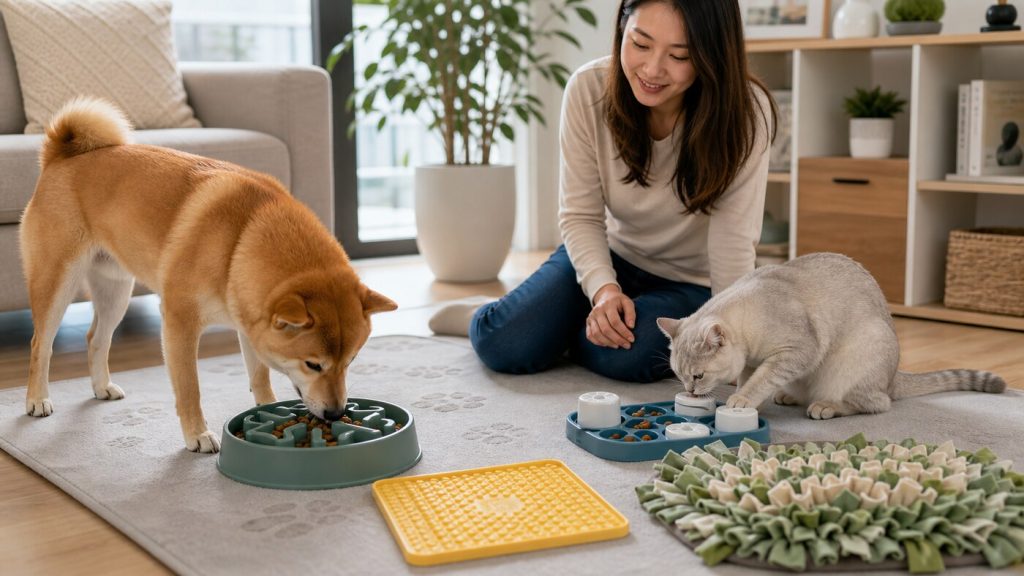 Dog and cat using puzzle feeders, a slow feeder bowl, a lick mat, and a snuffle mat in a bright home setting