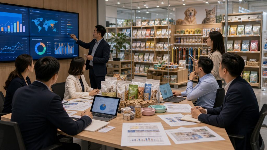 Pet retail channel strategy meeting with category managers, executives, data screens, sample pet products, assortment plans, and retail display area