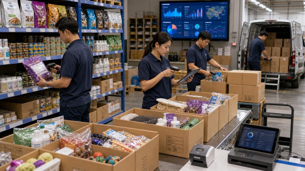 Pet retail omnichannel replenishment center with workers scanning pet food, treats, litter, supplements, toys, grooming products, cartons, delivery staging, and inventory dashboards