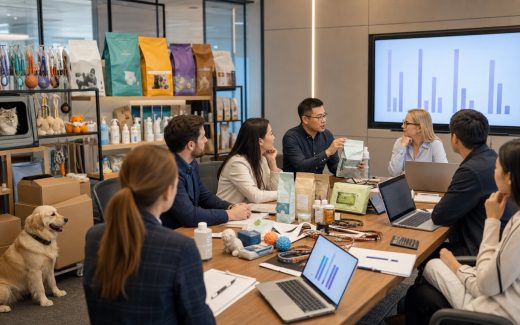 Pet product supply chain conference with international buyers, supplier representatives, pet product samples, charts, a dog, and a cat in a modern meeting space