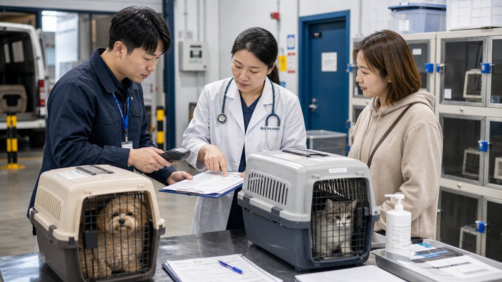 Pet transport handover with health documents, identity check, and safe travel carriers