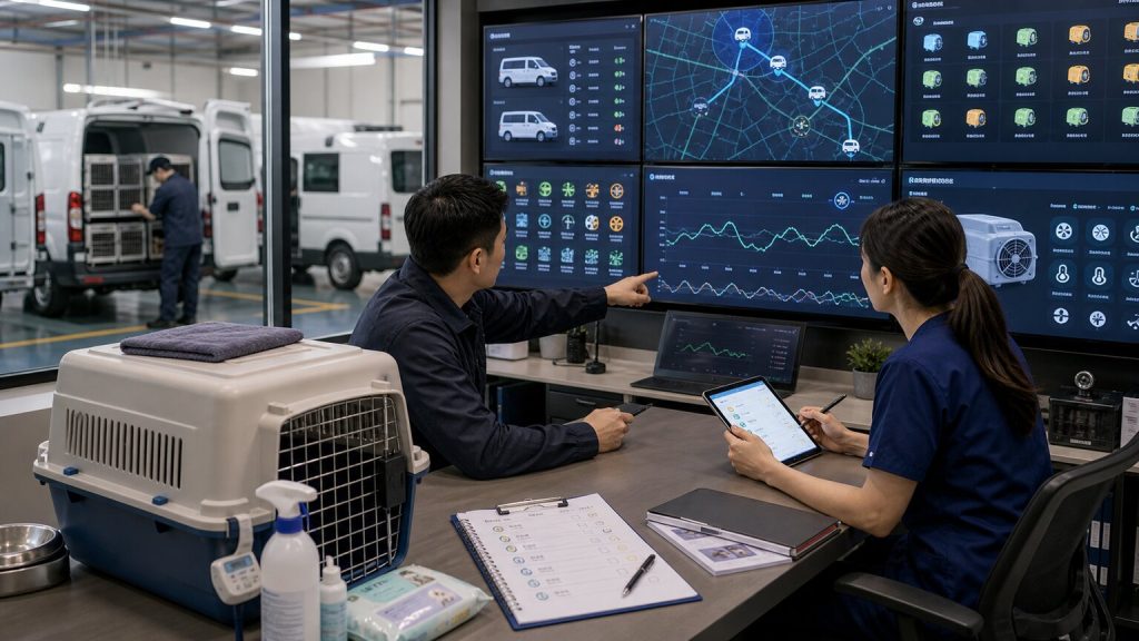 Pet transport operations team monitoring route status and temperature-controlled vehicles