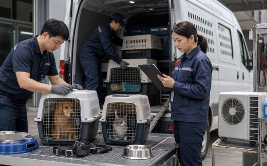 Professional pet transport staff checking ventilated travel crates, documents, and vehicle loading conditions before dogs and cats travel in a temperature-controlled van