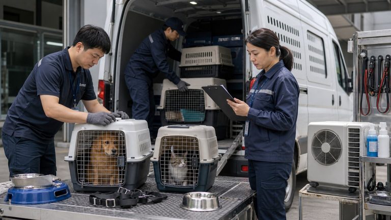 Pet transport safety service check before loading animals into a temperature-controlled van