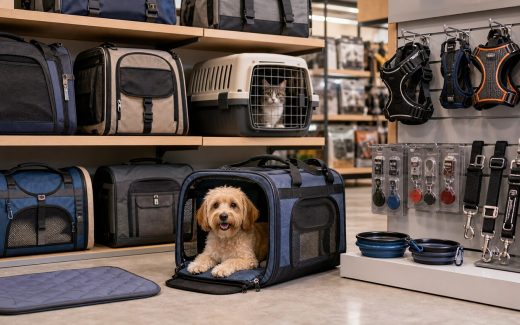 Small dog in a soft-sided carrier beside a modern retail display of pet travel carriers, crates, harnesses, tethers, bowls, and travel accessories