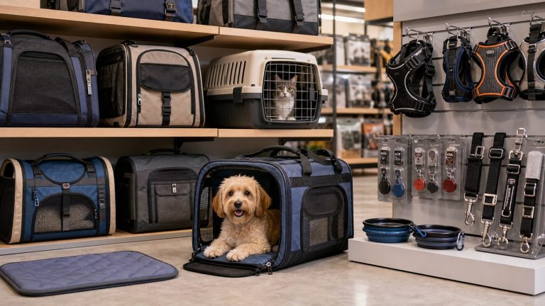 Small dog in a soft-sided carrier beside a modern retail display of pet travel carriers, crates, harnesses, tethers, bowls, and travel accessories