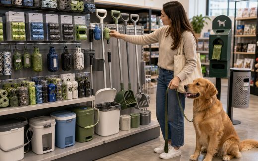 Dog beside a modern retail display of pet waste bags, leash dispensers, scoopers, odor-control pails, refill rolls, and cleanup station products