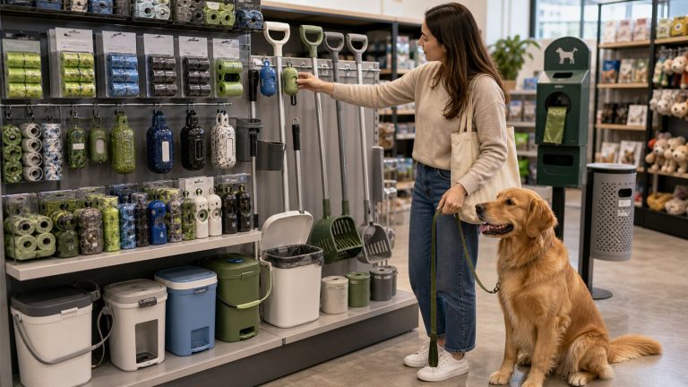 Dog beside a modern retail display of pet waste bags, leash dispensers, scoopers, odor-control pails, refill rolls, and cleanup station products