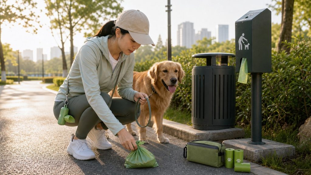 Dog walker responsibly using a leash-mounted waste bag dispenser near a clean public dog waste station and trash bin