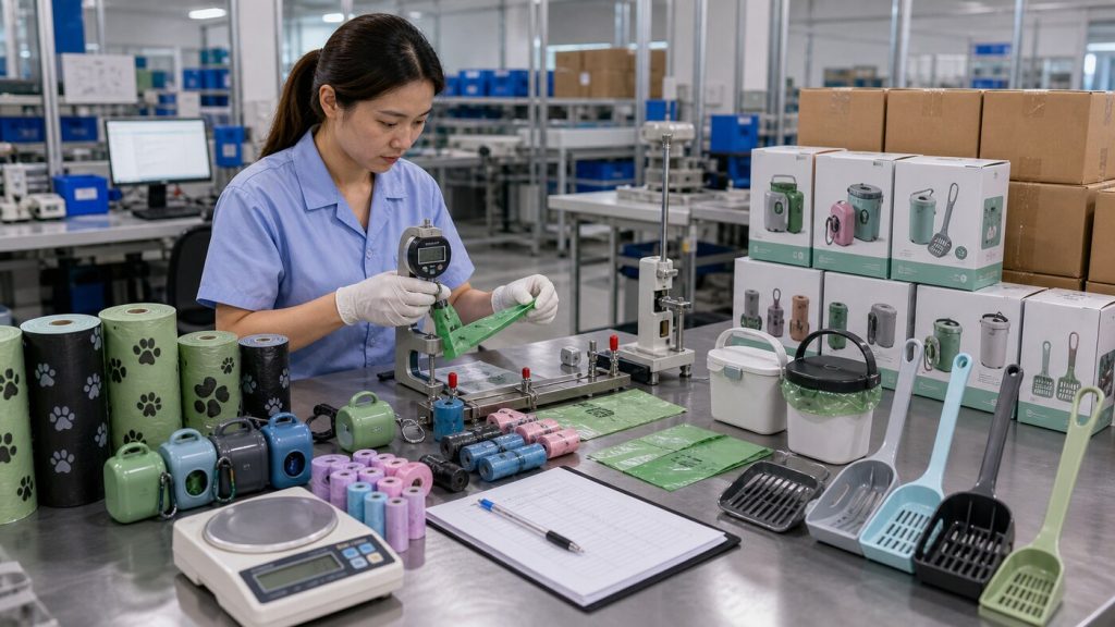 Quality-control technician inspecting pet waste bag rolls, perforation, thickness, dispensers, scoopers, odor-control pails, refill packaging, and count accuracy