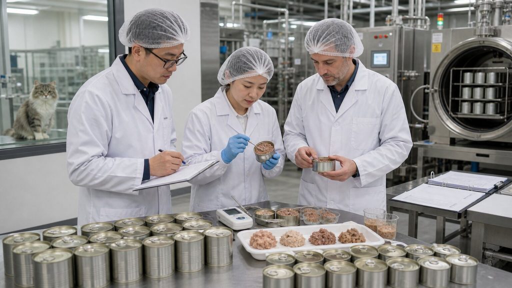 Senior cat canned wet food quality-control review in a production facility