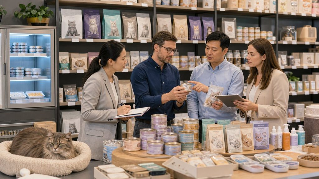 Retail buyer and distributor team reviewing senior cat nutrition products