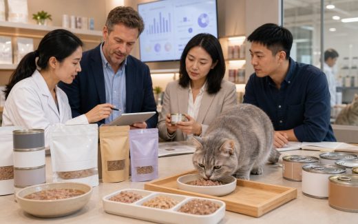 Senior gray cat eating wet food while a pet nutritionist, overseas buyer, packaging manager, and product developer review non-branded cans and samples