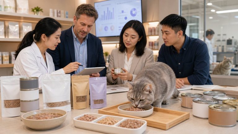Senior cat wet food product development with nutrition, packaging, and buyer review