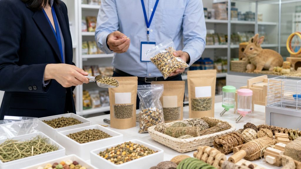 Buyer and QA specialist evaluating small pet food, hay, bedding, packaging, water bottles, cages, and enrichment samples in a product review area