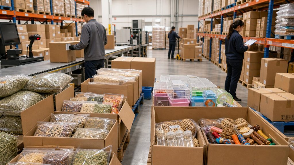Small pet food, hay, bedding, cages, water bottles, and habitat accessories being handled in a clean distributor warehouse