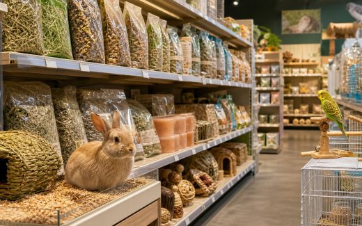 Small pet and bird specialty products displayed in a modern pet retail aisle with rabbit, bird, hay, food, bedding, and habitat accessories