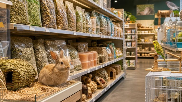 Small pet and bird specialty products displayed in a modern pet retail aisle with rabbit, bird, hay, food, bedding, and habitat accessories