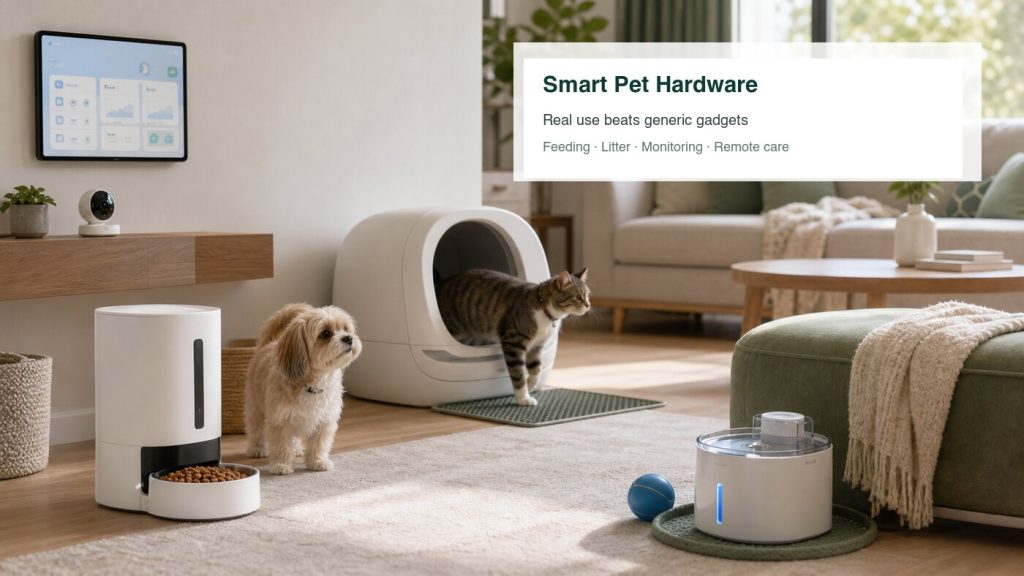 Dog and cat using smart pet hardware in a modern home with automatic feeder, connected litter device, water fountain and monitoring screen