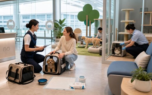 Modern airport pet lounge with small dog carrier, cat carrier, pet owner, airport staff, and pet travel supplies in a calm terminal environment