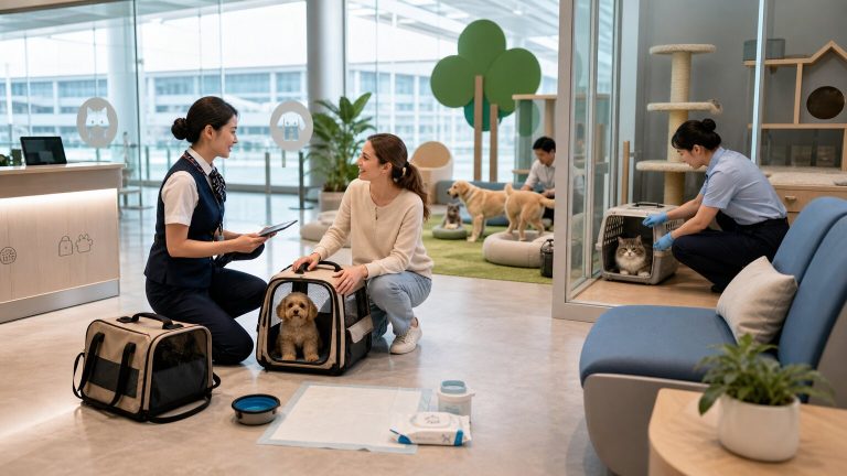 Modern airport pet lounge with small dog carrier, cat carrier, pet owner, and airport staff in a calm pet-friendly terminal area