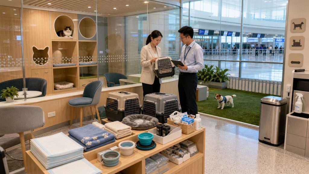 Pet-friendly airport lounge with separated cat and dog zones, washable flooring, cleaning station, carriers, travel bowls, pads, and product touchpoints