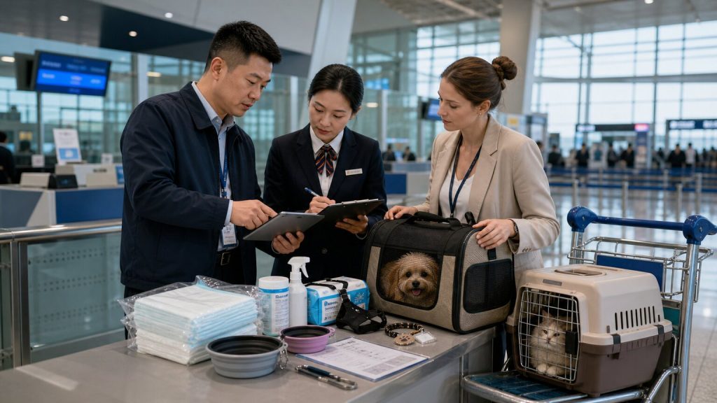 Airport operations team reviewing airline-compliant carriers, absorbent pads, portable bowls, ID tags, and service documents near a pet travel counter