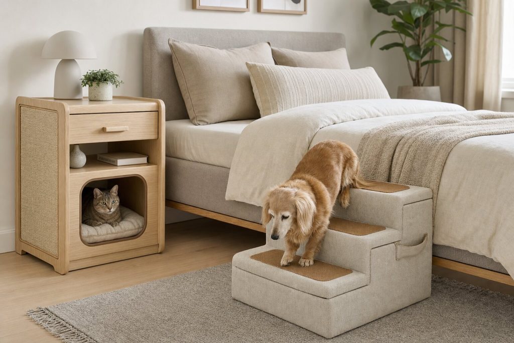 Custom bedside pet furniture with dog steps, drawer storage and a cat sleeping compartment beside a bed