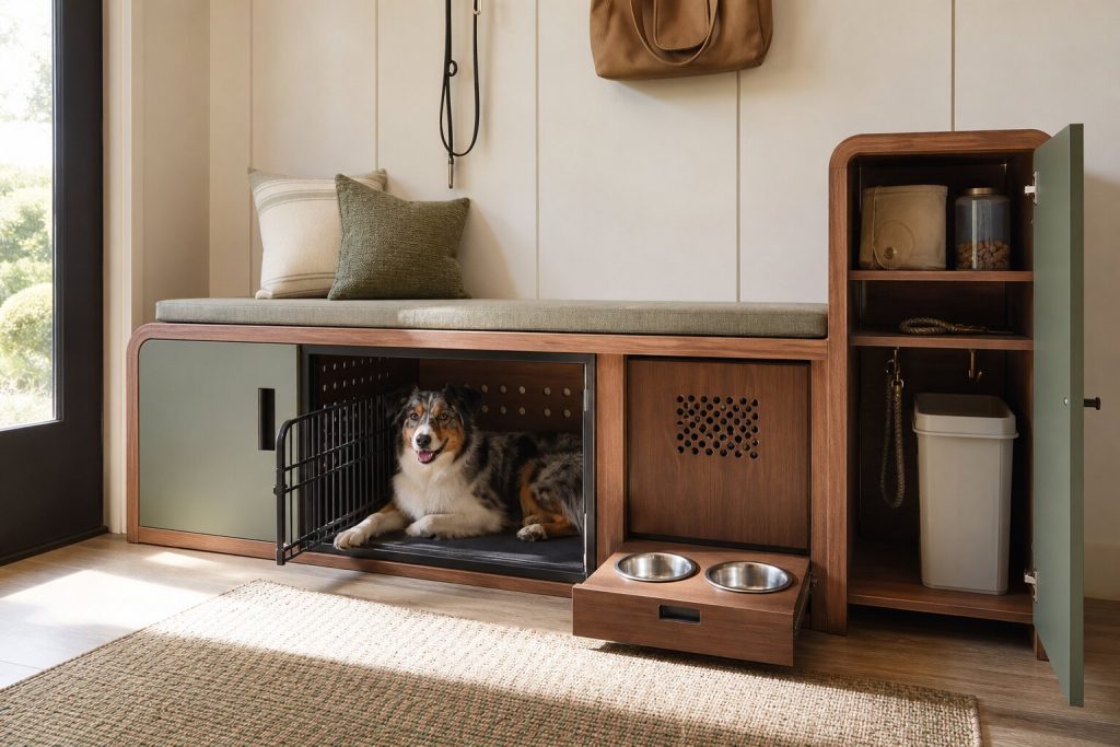 Custom dog crate furniture sideboard with a ventilated dog den, feeding area and storage in a living room