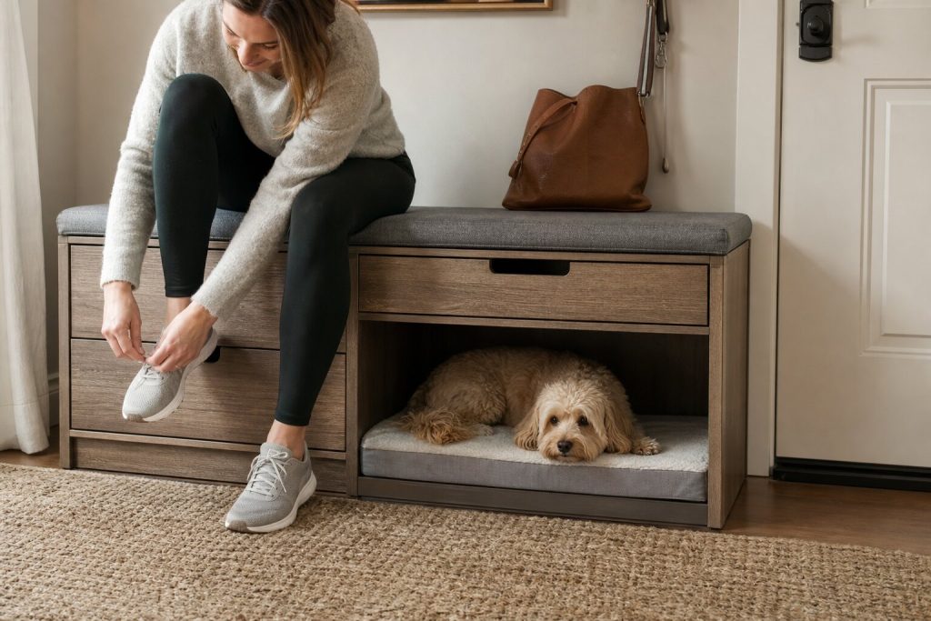 Custom entryway dog crate bench with a cushioned seat, storage-style finish and an integrated dog resting space