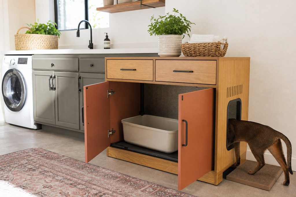 Custom cat litter cabinet integrated into a laundry-room storage counter with a concealed cat entrance