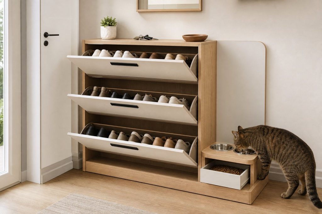 Custom pet furniture shoe storage cabinet with integrated cat feeding station and a concealed cat compartment
