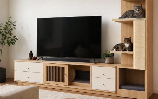 Custom pet furniture TV console with an integrated cat tower and cat sleeping cubbies in a modern living room