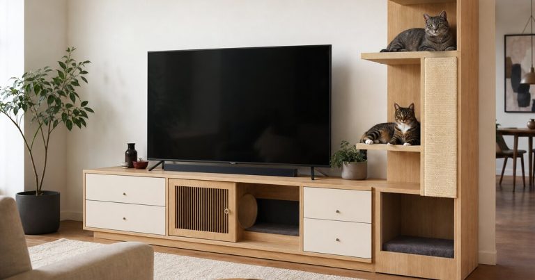 Custom pet furniture TV console with an integrated cat tower and cat sleeping cubbies in a modern living room