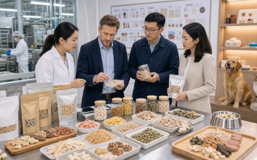 Overseas pet food buyer and supplier R and D team reviewing freeze-dried pet food samples, custom shapes, ingredient jars, packaging mockups, and a dog in a modern production showroom
