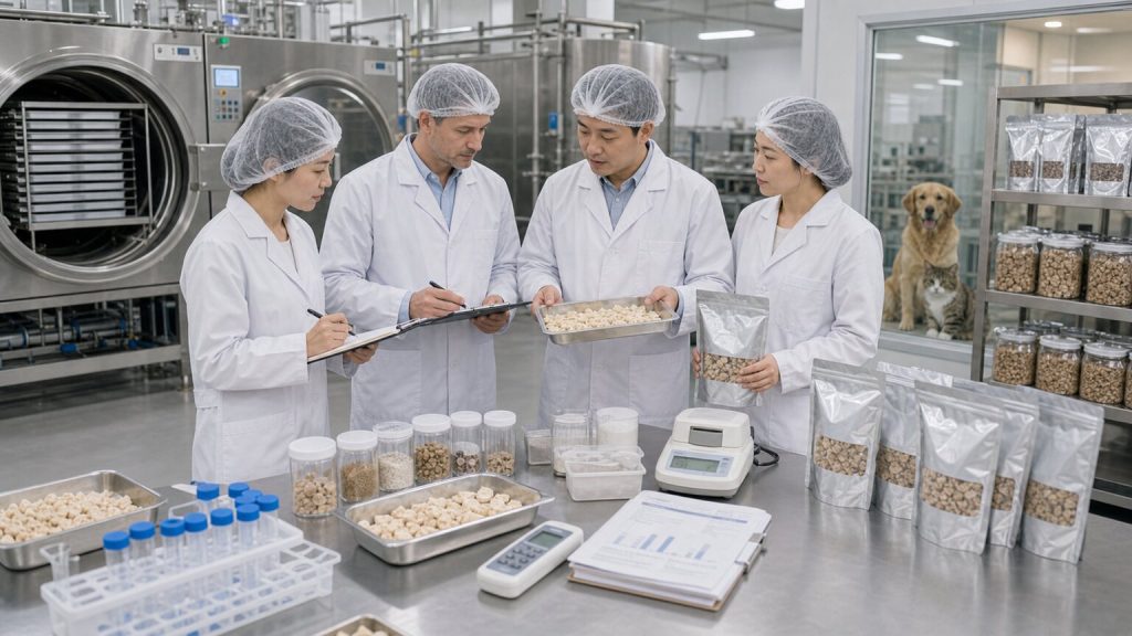 Freeze-dried pet food production and quality control team reviewing samples beside freeze-drying equipment