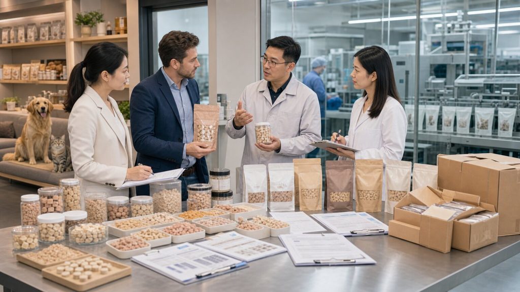 Private-label pet food buyer team evaluating freeze-dried packaging, samples, and export documentation with a supplier