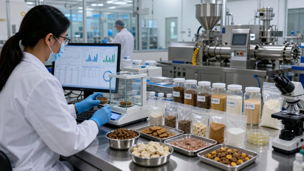 Pet food lab technician validating functional ingredient samples, finished kibble, treats, and quality records