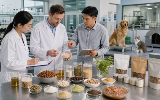 Pet nutrition scientist, procurement manager, and quality lead reviewing functional pet food ingredients, kibble, treats, and non-branded packaging in a clean R and D lab
