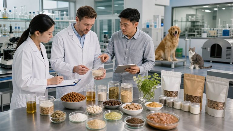 Pet food R and D team reviewing functional ingredients, kibble, treats, and non-branded packaging in a clean lab