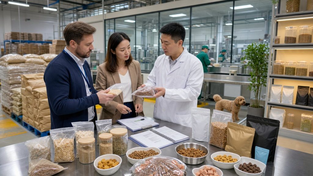 Overseas buyer and pet food supplier reviewing ingredient samples, certificates, and non-branded packaging in a clean warehouse showroom