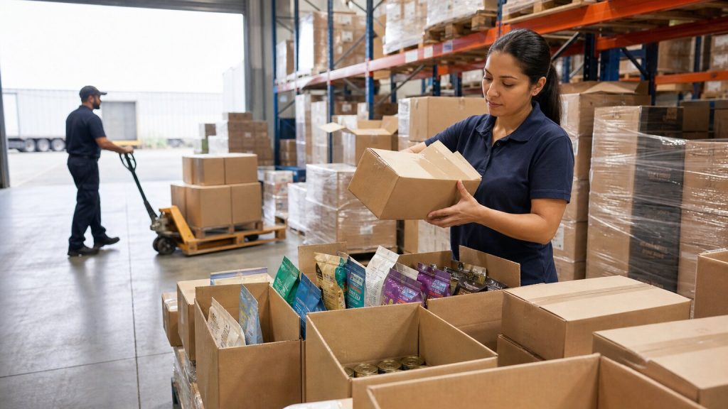 Warehouse team preparing unbranded pet food cases for specialist retail and ecommerce fulfilment