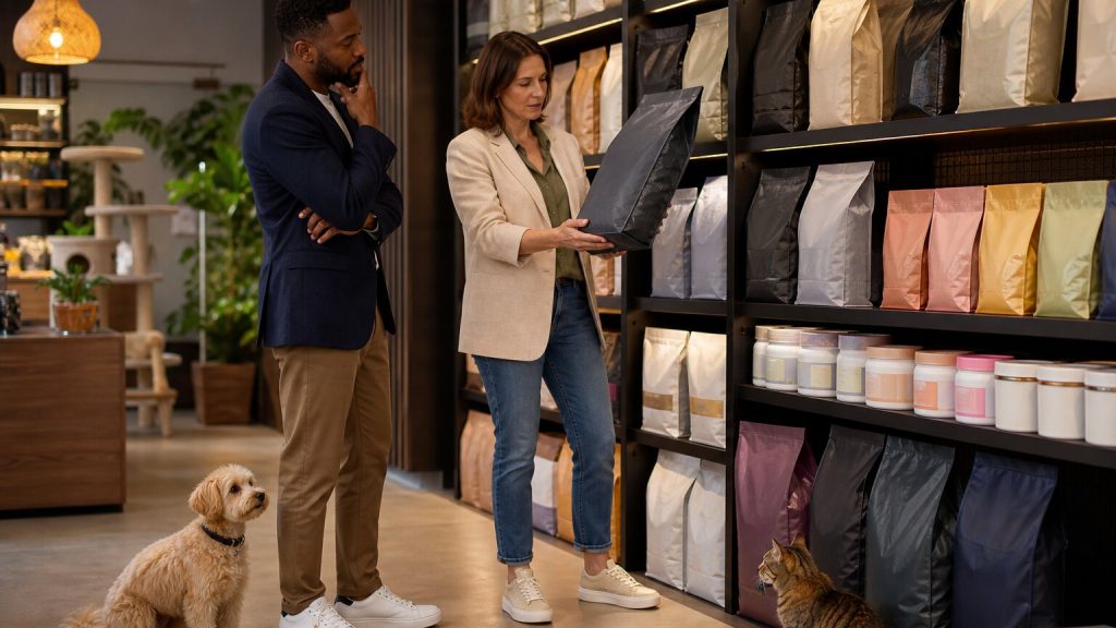 Commercial buyers reviewing an unbranded pet food portfolio in a premium specialty retail showroom