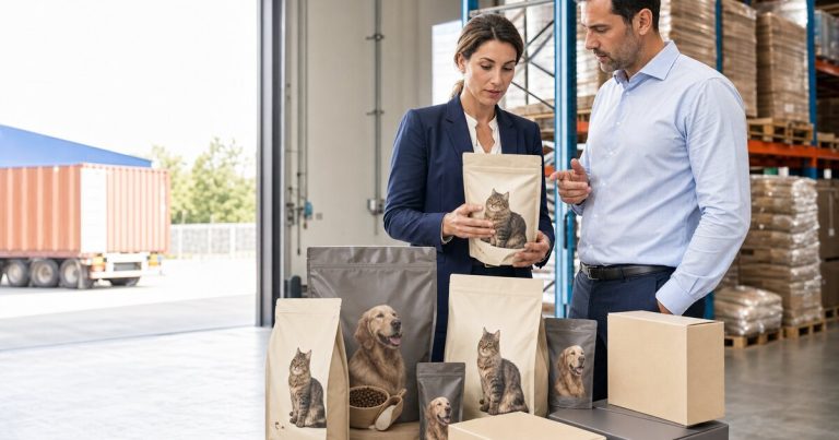 Category managers inspecting unbranded imported premium dog and cat food packs in a receiving warehouse